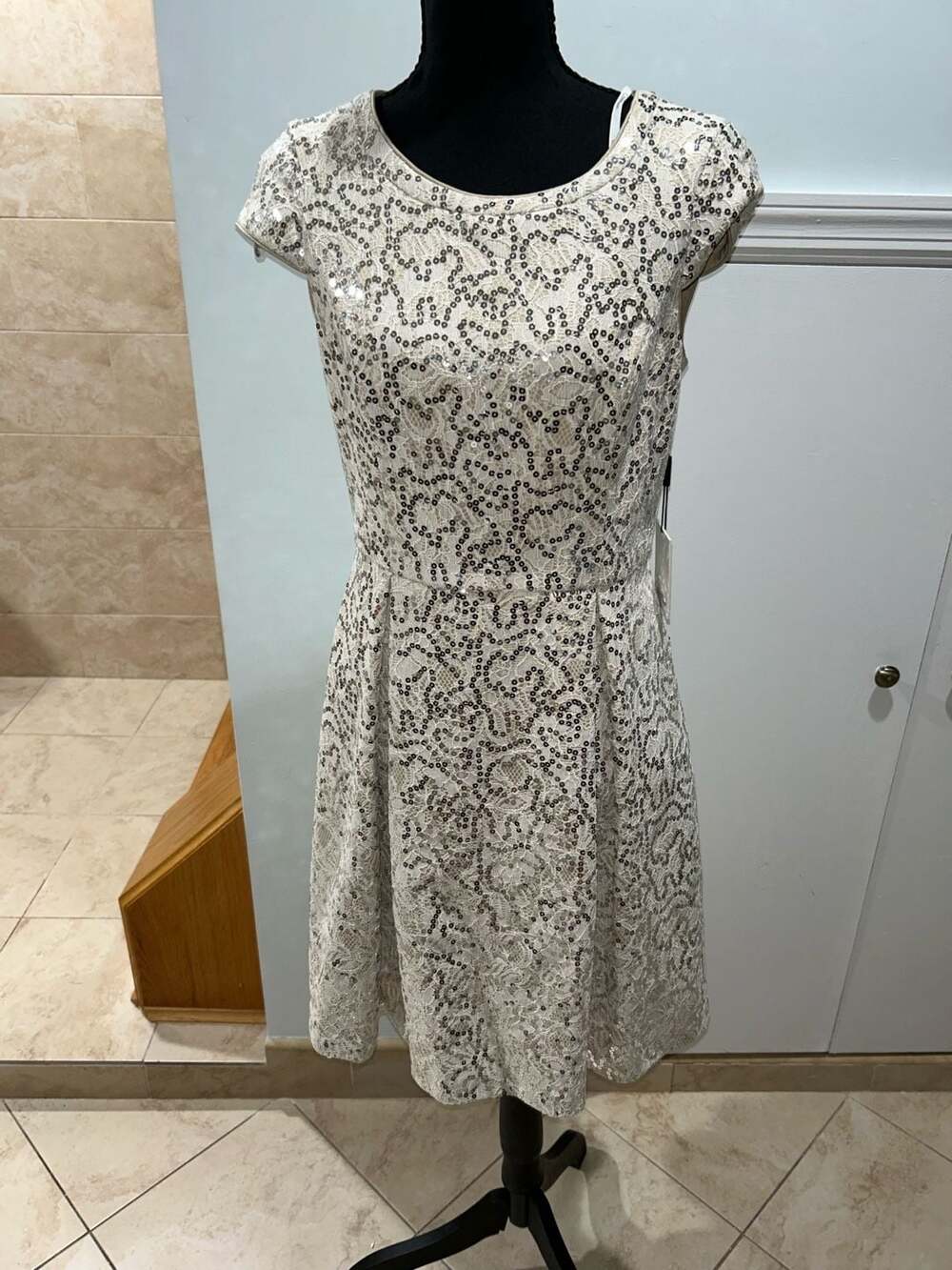 Calvin Klein Sequin Lace Dress Size 4 White Silver Cocktail Party